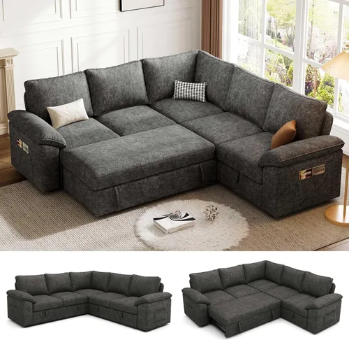 Miniatura 13 de Sofá Seccional Modular de 85 Pulgadas con Cama Extraíble, Sofá Cama Seccional en Forma de L de 5 Asientos con Almacenamiento, Sofás Seccionales
