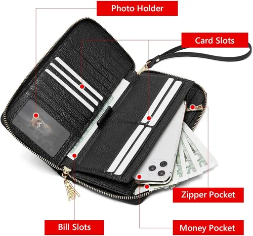 Miniatura 3 de FOXLOVER Carteras de cuero genuino para mujer carteras de embrague con cremallera RFID con pulsera