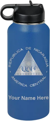 Miniatura 51 de LaserGram Botella de agua personalizada, bandera de Nicaragua, acero inoxidable de doble pared aislada al vacío con popote superior, regalo grabado
