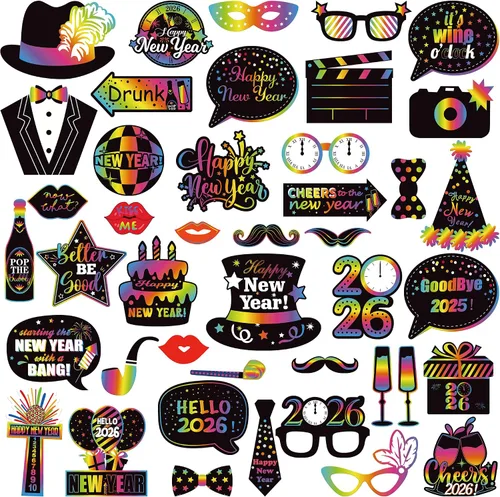 Miniatura 10 de Katchon, Accesorios para cabina de fotos de Año Nuevo con purpurina – Paquete de 35 Accesorios de cabina de fotos NYE para suministros de fiesta