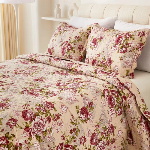 Miniatura 12 de Cmfshape - Juego de edredón de verano floral King acolchado, juego de edredón rosa romántico King, juego de ropa de cama reversible cosido para Rosa