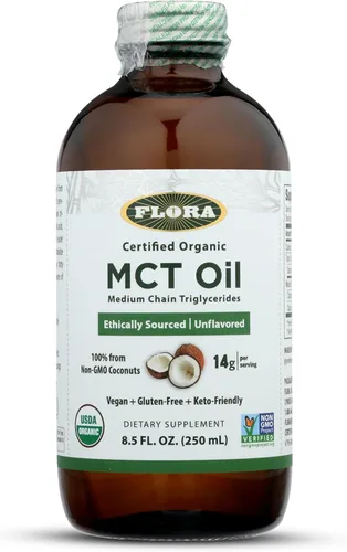 Flora - Aceite orgánico certificado MCT - Apoya la energía muscular y la salud cerebral - Contiene ácido caprílico C8 y ácido cáprico C10 - Sin OMG,