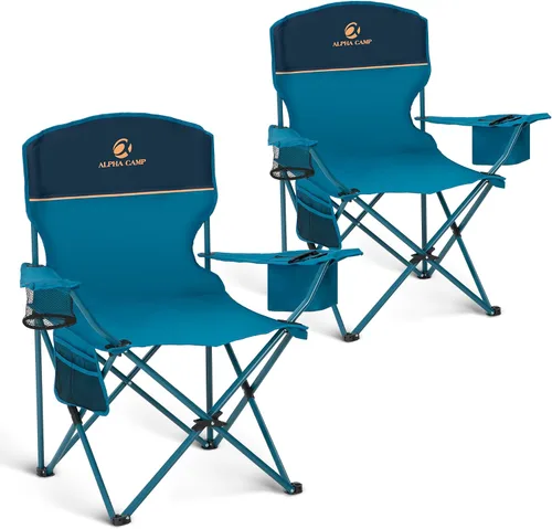 ALPHA CAMP Silla de Camping 2 Unidades Silla Portátil con Enfriador de 3 Latas Silla Plegable con Bolsillo Lateral y Portavasos, Plegable para Azul