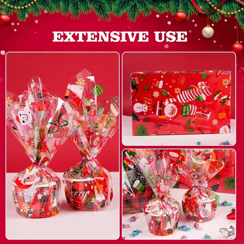 Miniatura 5 de Rollo de Envoltura de Celofán de Navidad de 100 Pies x 32 Pulgadas, Bolsas de Celofán de Navidad, Envoltura de Celofán de Navidad con Papá Noel