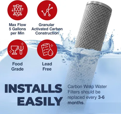 Miniatura 3 de Fabricado en Estados Unidos, 5 micrones, 2.5 x 10 pulgadas, cartucho de filtro de agua para sedimentos de carbono CTO para toda la casa compatible