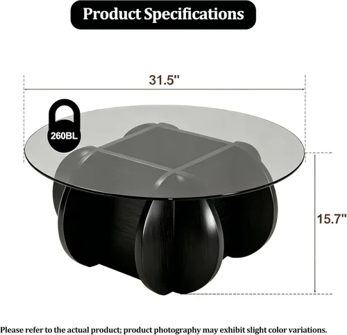 Miniatura 2 de Mesa de centro negra, mesa de centro redonda de vidrio de 31.5 pulgadas para sala de estar, mesa de centro moderna de mediados de siglo, mesa