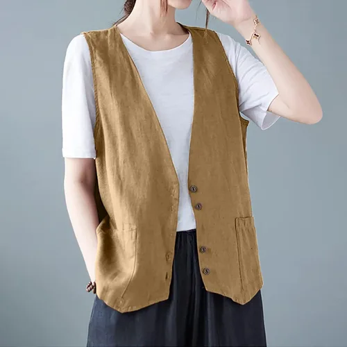 Miniatura 25 de COTECRAM Chaleco de lino de algodón para mujer, casual, sin mangas, con botones, ligero, para verano, holgado, ropa de abrigo