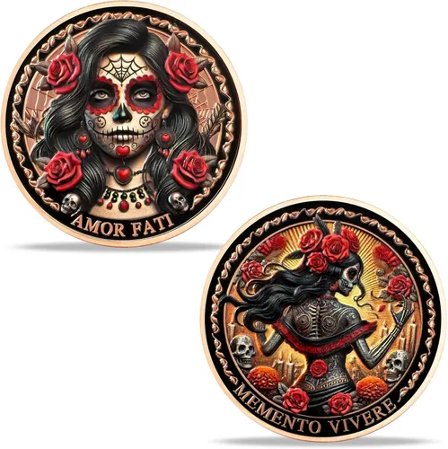 Miniatura 12 de Moneda Memento Mori Reloj de arena Cráneo Tiempo Mortalidad Moneda estoica Amor Fati Moneda Memento Vivere Carpe Cráneo Coleccionable Recuerdo