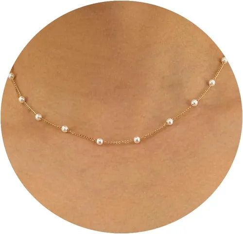 Delicados collares de perlas para mujer, chapado en oro de 14 quilates, collar de perlas en capas, gargantilla de perlas simples, regalo de joyería