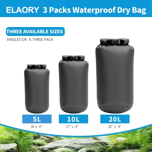 Miniatura 2 de Bolsas secas impermeables, paquete de 3 (5 L, 10 L, 20 litros), bolsas de almacenamiento ligeras e impermeables para viajes, canotaje, pesca, Gris