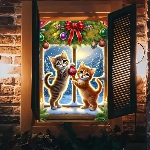 Miniatura 11 de BlissYard Cubierta de ventana de Navidad de 31 x 47 pulgadas, Papá Noel y reno, escena de nieve de invierno, decoración de vacaciones, fondo festivo