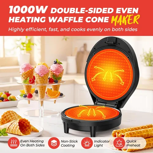 Miniatura 2 de Máquina para hacer gofres y hacer conos de helado con rodillo de cono, 1000 W de doble cara con calefacción uniforme para hacer gofres finos, hace