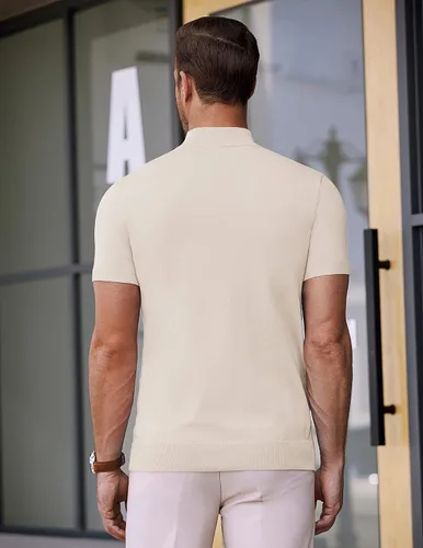 Miniatura 7 de COOFANDY Suéter de cuello alto falso para hombre, de manga corta, color sólido, básico, ajustado, de punto
