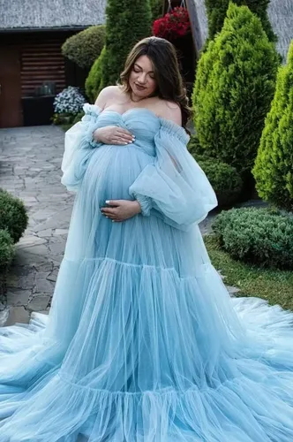 Miniatura 2 de Vestido de maternidad de tul para sesión de fotos, vestidos de maternidad de verano con hombros descubiertos para baby shower, vestidos de embarazo