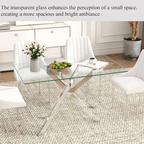 Miniatura 4 de Mesa de comedor rectangular de 51.18" de vidrio templado, mesa de cocina con patas de metal, elegante y robusta mesa de cena para el hogar y la cena