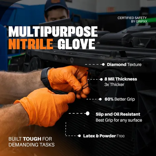 Miniatura 6 de GRIPXX Herkules Grip Guantes de nitrilo de 8 mils de alta resistencia naranja, textura de diamante 3D elevada - Sin látex y polvo - Industriales