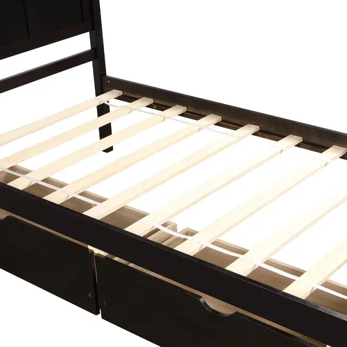 Miniatura 6 de P PURLOVE Marco de cama de tamaño individual con dos cajones debajo, marco de cama de plataforma doble de madera con cabecera con soporte de Espresso