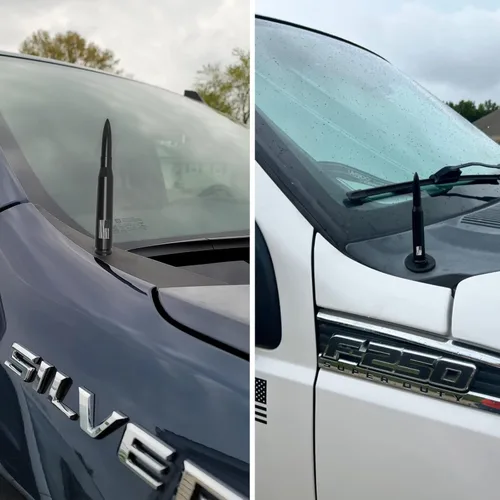 Miniatura 6 de Antena de camión para automóvil con tapas de válvula de neumáticos, bandera estadounidense, repuesto corto universal para GMC Sierra, Chevy, Negro