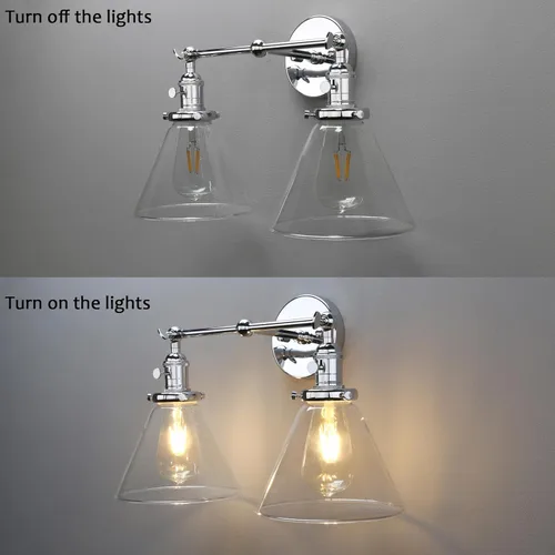Miniatura 6 de PERMO Aplique doble cromado industrial de 2 luces, apliques de pared con pantalla de vidrio transparente acampanada en forma de embudo, luz