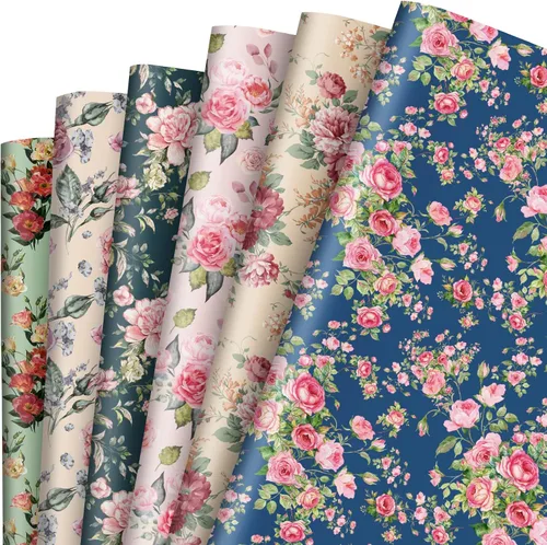 Whaline Papel de regalo floral de 12 hojas, no enrollable, papel de regalo de flores vintage, papel decorativo retro plegado plano para primavera,