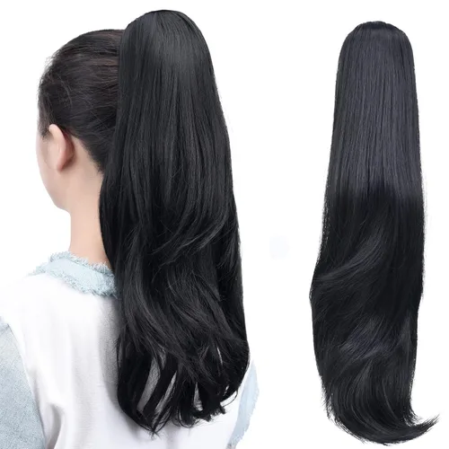 Miniatura 19 de Extensiones de cola de caballo, extensiones de cabello rizado con clip de garra de color marrón oscuro para mujer, peluca sintética de cola
