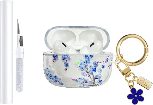 Miniatura 14 de Funda compatible con AirPods Pro 2 2022, TPU suave con bonito patrón de flores para AirPods Pro de 2ª/1ª generación con llavero de flores y Negro