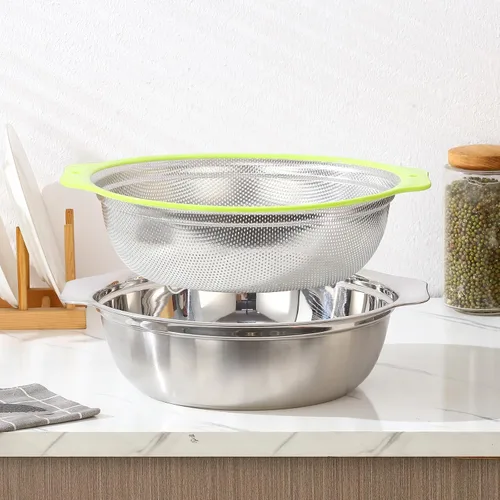 Miniatura 7 de Colador de Acero Inoxidable Microporoso, Lavador de Arroz de Gran Capacidad de 5QT con Tazón Mezclador, Juego de Tazón Colador de Arroz de 12.5