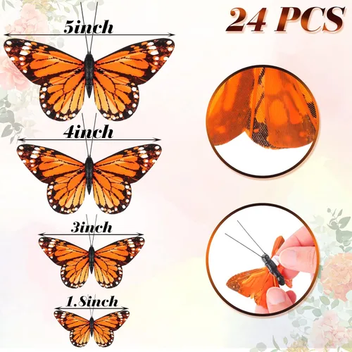 Miniatura 3 de Ysleen 24 piezas de decoración de mariposa monarca de plumas 3D, 4 tamaños, decoraciones de pared de mariposa, calcomanías artificiales falsas
