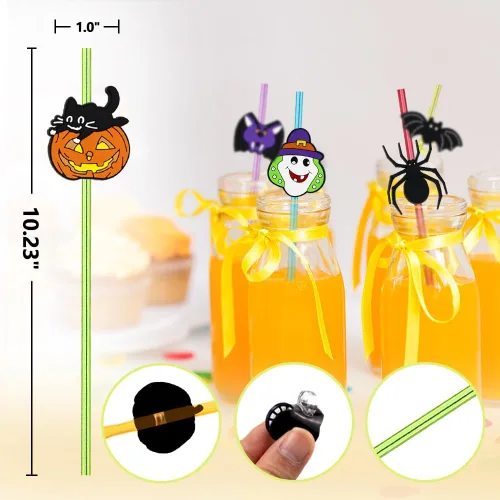 Miniatura 2 de 24 popotes rectos reutilizables para fiesta de Halloween, castillo, murciélago, calabaza, fantasma, gato, bruja, araña, pajitas rectas 6color