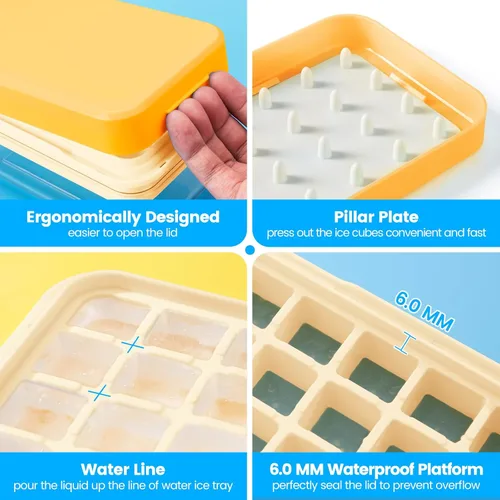 Miniatura 5 de Bandeja para cubitos de hielo con tapa y contenedor, 28 moldes para cubitos de hielo, bandejas de hielo para congelador, molde de bandeja