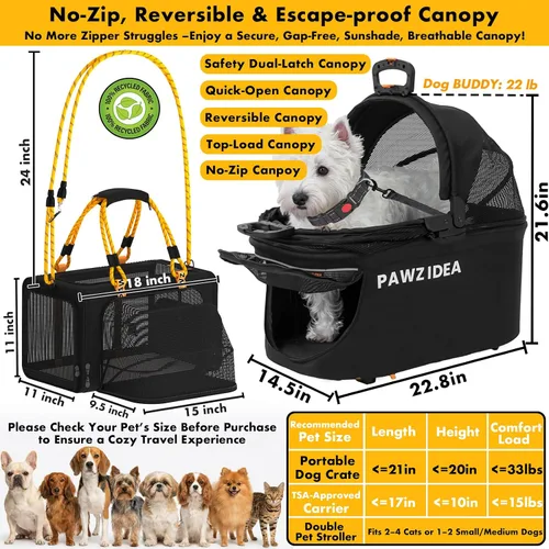 Miniatura 8 de PAWZIDEA Carriola doble para mascotas con 2 portamascotas desmontables, jaula portátil para perros para viajes en automóvil y porta gatos expandible