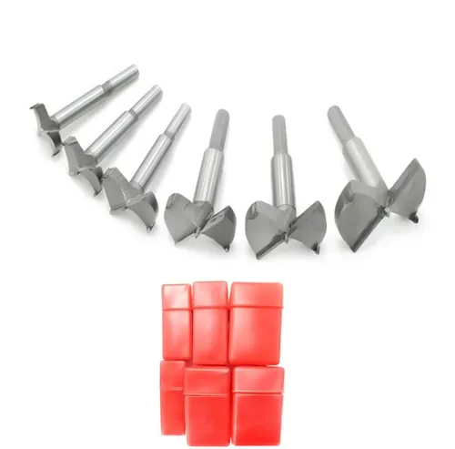 Miniatura 8 de Forstner Brocas de 15 a 1.378 in, 5 piezas, brocas de carburo Forstner de acero de alta velocidad con agujero de perforación de ala plana, bisagra