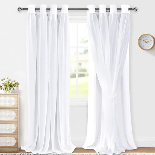 Miniatura 21 de XWZO Cortinas 100% opacas de doble capa para guardería, cortinas opacas con superposición transparente para dormitorio de niñas, cortinas