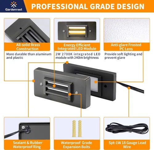 Miniatura 2 de Gardenreet Luces de paso de latón macizo impermeables para exteriores, 2 W, 240 lm, 12 V, luces de escalera de bajo voltaje, luces blancas cálidas