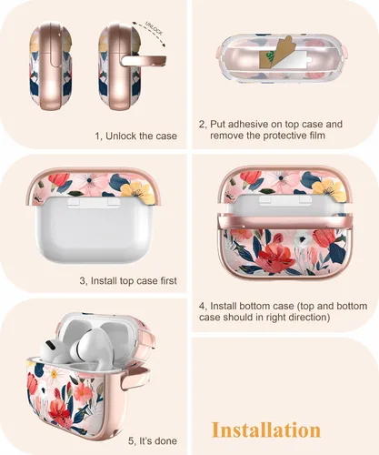 Miniatura 6 de TATOFY Funda con cerradura para estuche de Airpods Pro, funda rígida de flores para iPod Pro para mujeres y niñas con soporte para teléfono y kit