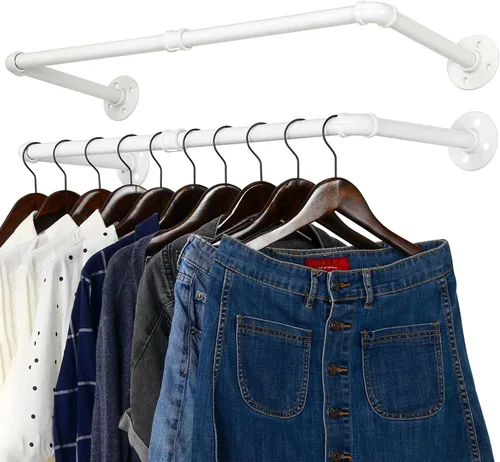 Miniatura 10 de WEBI Perchero de montaje en pared, 24 pulgadas de tubería industrial para colgar ropa, barra de hierro resistente, barra de ropa de exhibición al