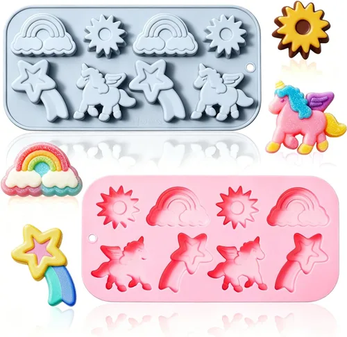 Paquete de 2 moldes de silicona con temática de unicornio alado, 8 cavidades 3D arco iris, unicornio, sol, meteoros, herramientas de decoración para