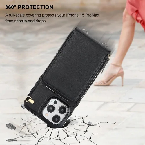 Miniatura 8 de KIHUWEY Funda tipo cartera cruzada para iPhone 15 Pro Max, funda con bolsillo con cremallera y soporte para tarjetas, funda protectora de piel Negro