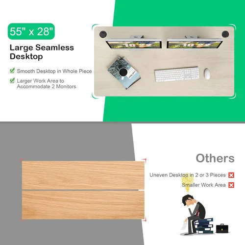 Miniatura 6 de COSTWAY Mesa universal, escritorio de madera maciza de una sola pieza para marco de escritorio estándar y ajustable en altura, encimera rectangular