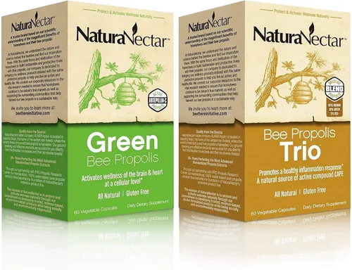 NaturaNectar Paquete de propóleos de abeja natural, trío y propóleos verdes, para apoyo inmunológico, de memoria y enfoque* - 60 cápsulas por botella