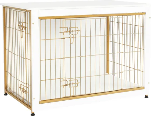 Miniatura 14 de DWANTON Mueble de jaula para perros con cojín, mesa de madera para perros con puertas dobles, casa de perro de interior, tamaño pequeño, mediano