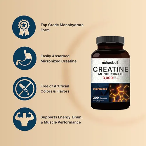 Miniatura 3 de NatureBell Cápsulas de monohidrato de creatina de 3,000 mg por porción, 300 unidades Píldoras de creatina micronizadas y sin sabor Soporte