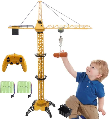 KNACKTOYZ Grúa de juguete con control remoto de 6 canales para niños, grúa torre RC de 50.4 pulgadas con luces LED y sonidos, vehículos de