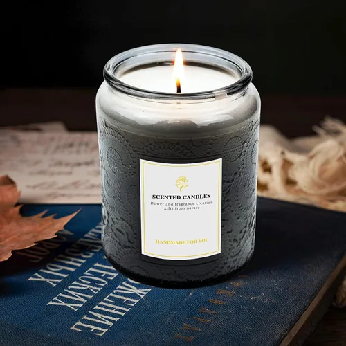 Miniatura 6 de Paquete de 9 tarros de velas en relieve de 8.8 onzas para hacer velas, recipientes de vidrio vacíos con tapas de lata y etiqueta adhesiva, etiqueta