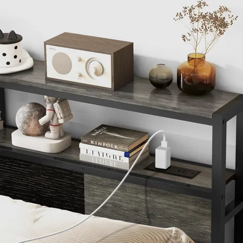 Miniatura 6 de Livofloral Cabecera de tamaño completo, cabeceros con estación de carga, puerto USB y luz LED, tablero principal con estante de almacenamiento de 2