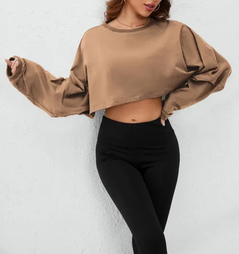 Miniatura 3 de SAFRISIOR Camiseta corta de manga larga de gran tamaño para mujer, cuello redondo, hombros caídos, camiseta corta casual para entrenamiento