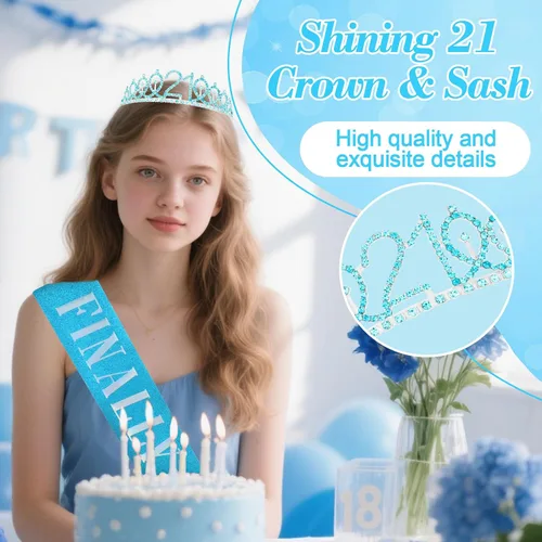 Miniatura 5 de CAVETEE Diadema de cumpleaños para mujer, decoraciones de cumpleaños número 21, banda y corona para fiesta de 21 años (azul, talla única)