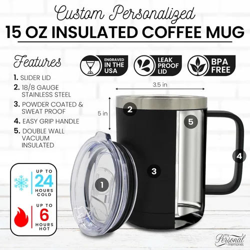 Miniatura 3 de My Personal Memories Taza de café personalizada con aislamiento de 15 onzas con asa y tapa, monograma y grabado con tu texto (negro)