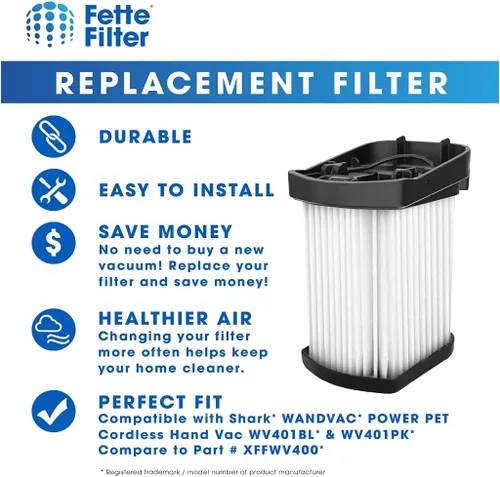 Miniatura 3 de Fette Filter - Filtro de repuesto Hepa XFFWV400 compatible con Shark Wandvac Power Pet modelos de aspiradora de mano inalámbrica WV401BL WV401PK