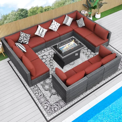 Miniatura 59 de BULEXYARD Juego de 7 piezas de sofá seccional para exteriores con respaldo alto, mesa para fogatas, juego de muebles de patio de mimbre resistente a